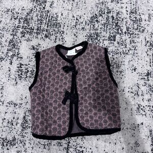 Brown Floral Jacquard Vest with Black Trim